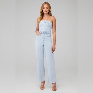 good american tube 90’s denim strapless wide leg jumpsuit
